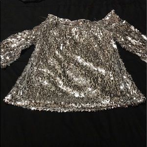 Shiny silver off the shoulder top